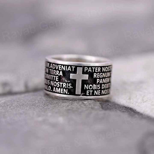 Top Selling Handmade 925 Silver Wide Band Spiritual Catholic Prayer Cross Christ Embossed Men's Ring Christian Fine Jewelry