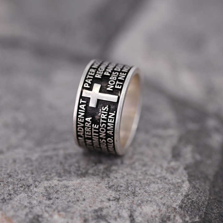 Top Selling Handmade 925 Silver Wide Band Spiritual Catholic Prayer Cross Christ Embossed Men's Ring Christian Fine Jewelry