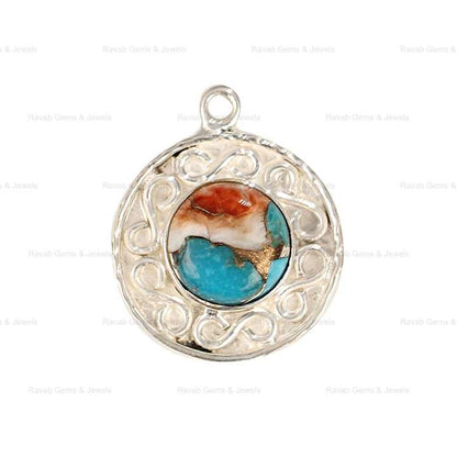 High Quality Mohave Spiny Oyster Copper Kingman Turquoise 925 Sterling Solid Silver 12mm Round Designer Fine Pendant for Women