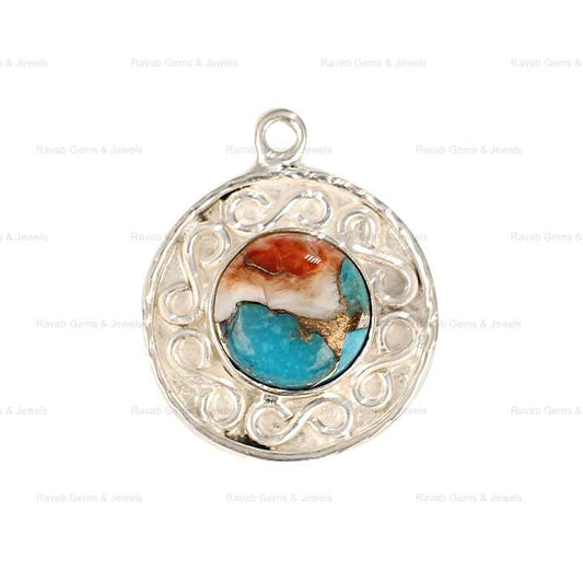 High Quality Mohave Spiny Oyster Copper Kingman Turquoise 925 Sterling Solid Silver 12mm Round Designer Fine Pendant for Women