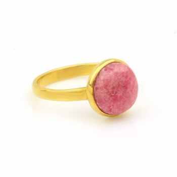 10mm Natural Rhodochrosite Gemstone Bezel 18k Gold Plated Dainty Sterling Silver Ring Beautiful Unisex Women's Jewelry