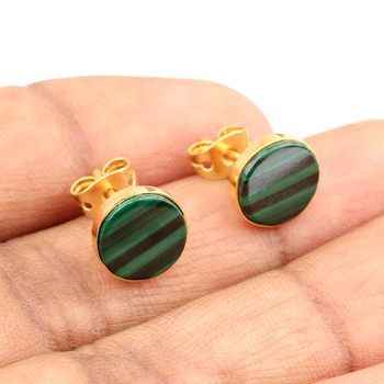 18K Gold Plated Stunning Indian Design Natural Malachite Gemstone 925 Sterling Silver Fine Stud Earrings for Women and Girls