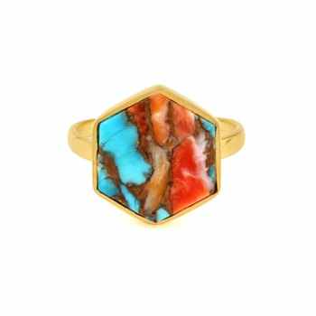 Top Quality Solid 925 Sterling Silver 18k Gold Plated Kingman Mohave Spiny Oyster Copper Turquoise 12mm Hexagon Shape Ring