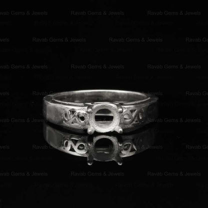 925 Sterling Solid Silver 6mm Round Pattern Pre Notched Semi Mount Blank Prong Setting Ring for Keepsake DIY Jewelry Supplies