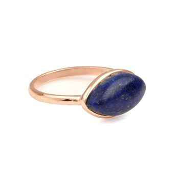 Solid 925 Sterling Silver Handmade Ring for Women 18K Gold Plated Natural Lapis Lazuli Marquise 8x16mm Bezel Setting