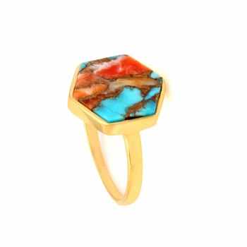 Top Quality Solid 925 Sterling Silver 18k Gold Plated Kingman Mohave Spiny Oyster Copper Turquoise 12mm Hexagon Shape Ring