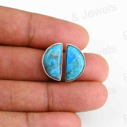 Best Quality Solid 925 Sterling Silver Natural Arizona Turquoise 10x16mm Half Moon D Shape Bezel Stud Earring for Women