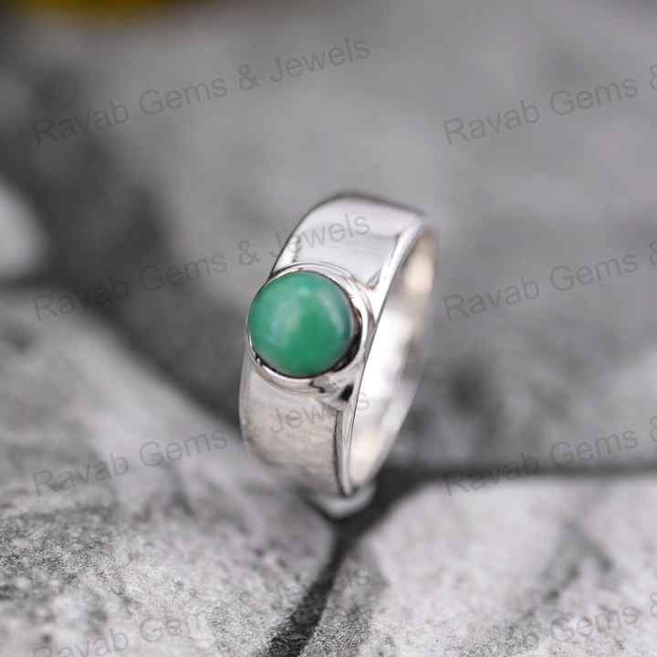 Handmade 7mm Natural Australian Chrysoprase Crystal Round Cut Cabochon 925 Silver Bezel Chunky Band Ring Fine Jewelry For Women
