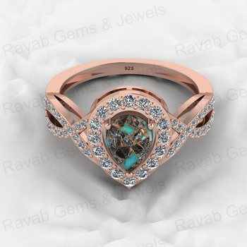 Best Selling 18K Gold Plated Genuine 925 Silver 6x8mm Mohave Blue Black Copper Turquoise CZ Ring for Cocktail Weddings