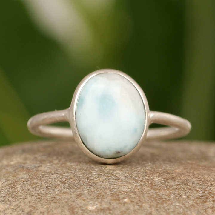 Hot Selling 925 Sterling Silver Women's Ring Beautiful Genuine Dominican Republic Larimar Handmade Oval Shape Fine Jewelry