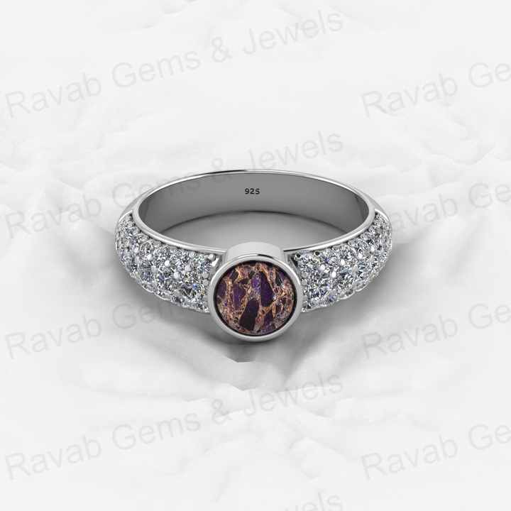 Top Selling Genuine 925 Sterling Silver Purple & Black Copper Turquoise Gemstone Bezel Setting CZ Round Ring for Custom Jewelry