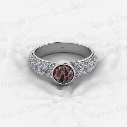 Top Selling Genuine 925 Sterling Silver Purple & Black Copper Turquoise Gemstone Bezel Setting CZ Round Ring for Custom Jewelry