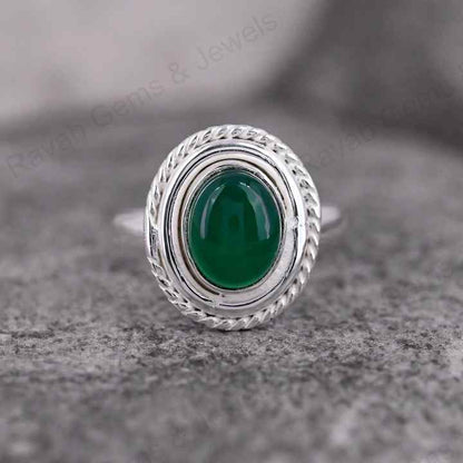 Natural Green Onyx Gemstone 8x10mm Solid 925 Sterling Silver Two Tone Bezel Setting Ring For Women Fine Handmade Jewelry