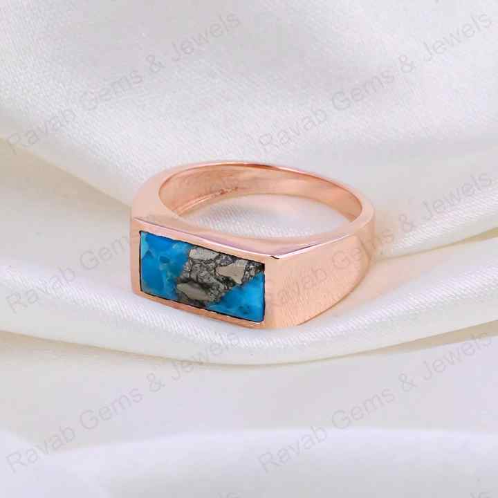 Best Quality Natural Pyrite Turquoise Gemstone Solid 925 Sterling Silver 18k Rose Gold Plated Ring For Women Party Fine Jewelry