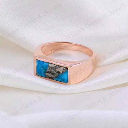 Best Quality Natural Pyrite Turquoise Gemstone Solid 925 Sterling Silver 18k Rose Gold Plated Ring For Women Party Fine Jewelry