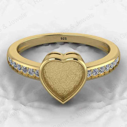 Genuine 925 Silver 8mm Heart CZ Breastmilk Semi Mount Blank Collet Ring Setting for Stone Resin & Ashes Work Keepsake Jewelry