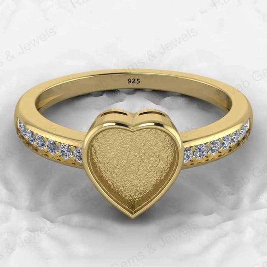 Genuine 925 Silver 8mm Heart CZ Breastmilk Semi Mount Blank Collet Ring Setting for Stone Resin & Ashes Work Keepsake Jewelry
