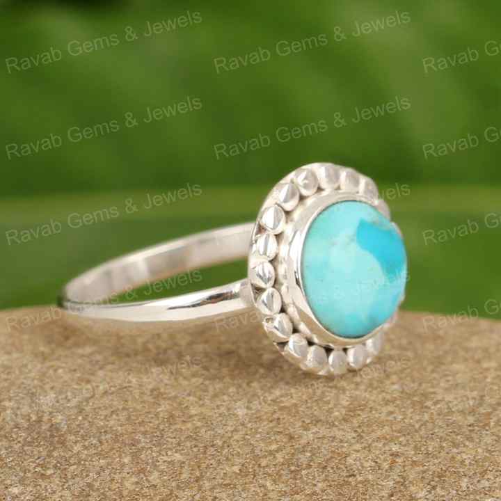 New Arrival Genuine Arizona Turquoise Round Shape 12mm Solid 925 Sterling Beaded Designer Statement Handmade Women Ring