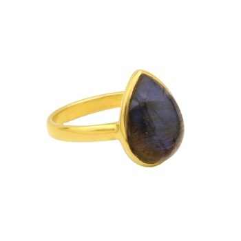 Top Selling 18K Gold Plated Birthstone Ring Her Fine Jewelry Featuring 10x14mm Natural Labradorite Pear Gemstone Bezel Setting