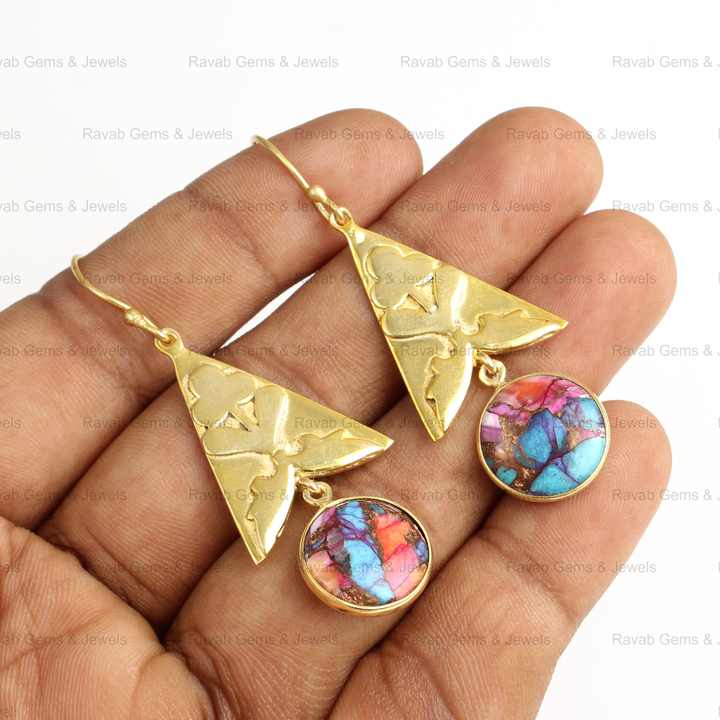 Natural Mix Spiny Oyster Copper Turquoise 10mm Gemstone 925 Sterling Silver 18k Gold Plated Round & Triangle Earrings for Women