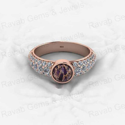 Top Selling Genuine 925 Sterling Silver Purple & Black Copper Turquoise Gemstone Bezel Setting CZ Round Ring for Custom Jewelry