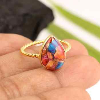 New Arrival 10x14mm Solid 925 Sterling Silver 18K Gold Filled Women's Ring Genuine Mix Spiny Oyster Turquoise Pear Shape"