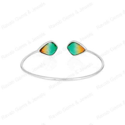 Genuine Solid 925 Sterling Silver Watermelon Tourmaline Kite Shape Checker Cut Bezel Setting Adjustable Gift Bangle For Women