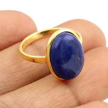 Handmade 18K Gold Plated Dainty Oval Shape Ring 10x14mm Natural Lapis Lazuli Gemstone Bezel Beautiful Women's Fine Wedding Ring