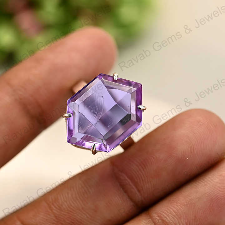 New Arrival Top Quality Solid 925 Sterling Silver Purple Amethyst Quartz Hexagon Cut Shape Ring for Women Fine Handmade Jewelry