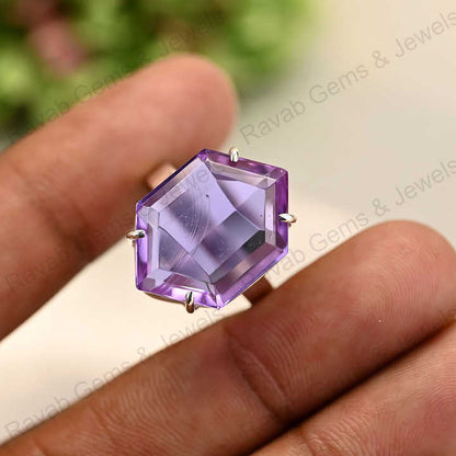 New Arrival Top Quality Solid 925 Sterling Silver Purple Amethyst Quartz Hexagon Cut Shape Ring for Women Fine Handmade Jewelry