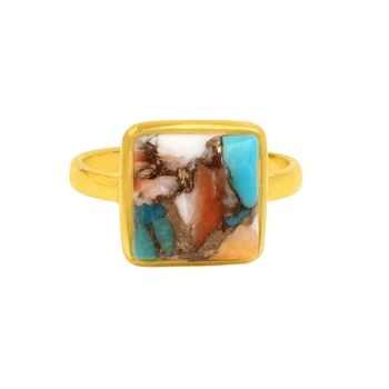 Best Selling 12mm Square Mohave Spiny Oyster Copper Turquoise 18K Gold Plated Fine Sterling Silver Dainty Boho Ring for Gift