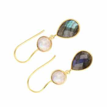 Top Quality Solid 925 Sterling Silver Natural Labradorite & Rainbow Moonstone Bezel Setting Drop Dangle Earring for Women