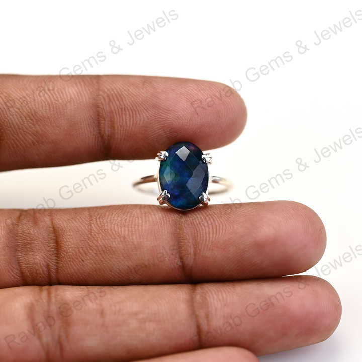 Solid 925 Sterling Silver Manmade Abalone Quartz Doublets Oval Checker Cut Prong Setting Ring for Women Handmade Jewelry