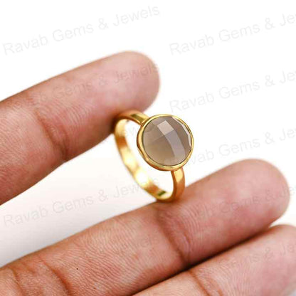 Top Quality Solid 925 Sterling Silver Natural Grey Chalcedony Round Cut 12mm Bezel Setting 18k Gold Filled Fine Ring for Women