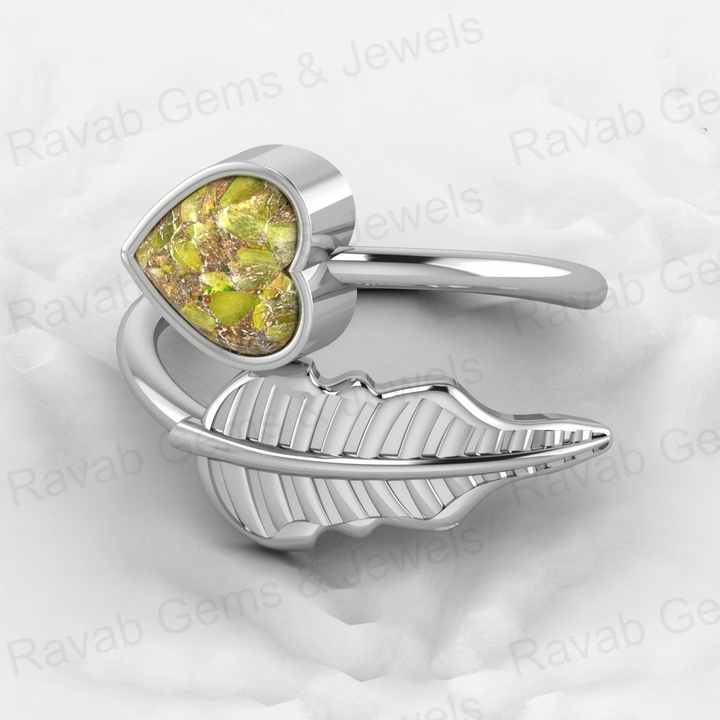 New Arrival 18K Gold Plated Genuine 8mm Heart 925 Silver Peridot Copper Turquoise Adjustable Leaf Design Ring for Women Jewelry