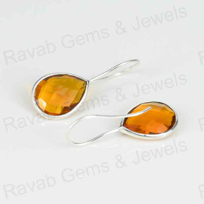 New Arrival Solid 925 Sterling Silver Citrine Hydro Quartz Pear Checker Cut Bezel Setting Dangle Drop Earring for Women Jewelry