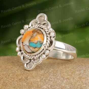 Hot Selling 12mm Oval Shape Handmade Women's Ring Genuine Mix Spiny Oyster Turquoise Set Solid 925 Sterling Silver Bezel Fine