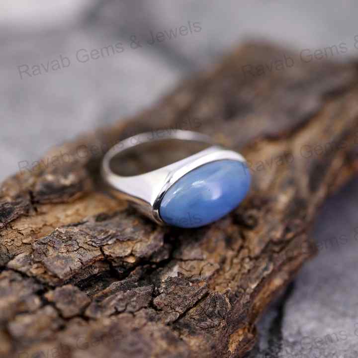 Best Selling 10x18mm Natural Blue Opal Oval Cabochon Healing Crystal 925 Silver Bezel Eternity Band Ring Fine Jewelry For Women