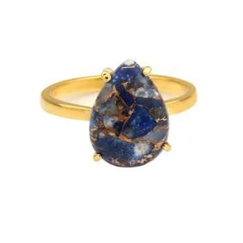 18K Gold Plated Women's Ring 10x14mm Lapis Lazuli Copper Gemstone Prong Setting Beautiful 10x14mm Lapis Lazuli Copper Fine Rings