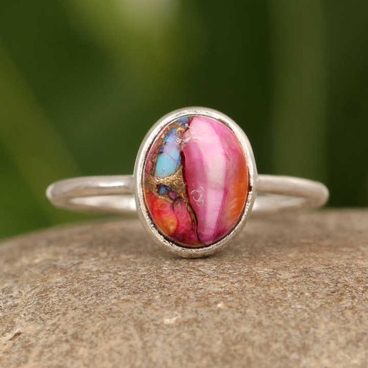 Genuine Mohave Mix Oyster Copper Turquoise 8x12mm Ring Women Solid 925 Sterling Silver Handmade Oval Shape Fine Gemstone Jewelry