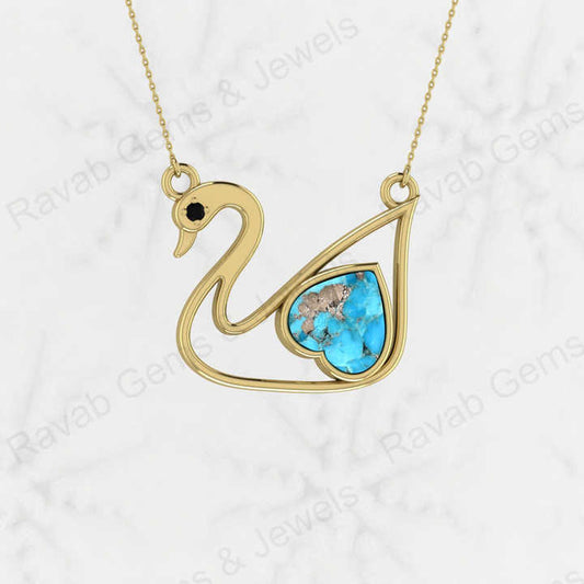 Hot Selling 925 Sterling Silver 10mm Pyrite Turquoise Heart Swan Bird Design Pendant Necklace High Quality Women's Fine Jewelry