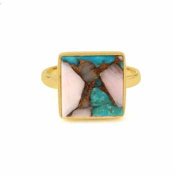Women's Fine Jewelry-Solid 925 Sterling Silver 18K Gold-Plated Mohave Turquoise Pink Opal Copper Square 12mm Bezel Setting Ring