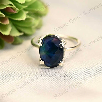 Solid 925 Sterling Silver Manmade Abalone Quartz Doublets Oval Checker Cut Prong Setting Ring for Women Handmade Jewelry