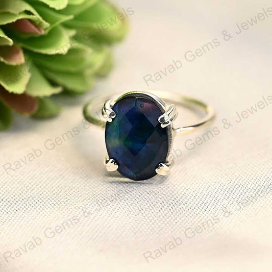 Solid 925 Sterling Silver Manmade Abalone Quartz Doublets Oval Checker Cut Prong Setting Ring for Women Handmade Jewelry