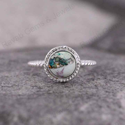 Best Quality Solid 925 Sterling Silver Natural Chrysocolla Copper 10mm Round Twisted Band Bezel Setting Ring Handmade Jewelry