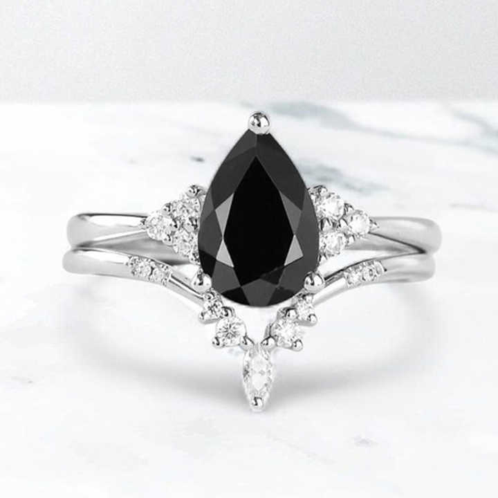Best Quality 925 Sterling Silver Natural Black Onyx 7x9mm Pear Marquise Bridal Set Ring for Women Handmade Fine Luxury Jewelry