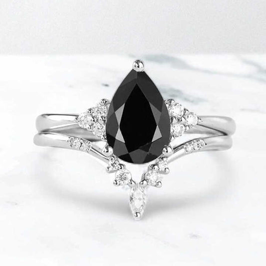 Best Quality 925 Sterling Silver Natural Black Onyx 7x9mm Pear Marquise Bridal Set Ring for Women Handmade Fine Luxury Jewelry