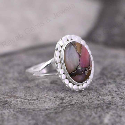 Handmade 925 Silver Designer Bezel Ring Mohave Pink Opal Copper Cabochon Gemstone 10x14mm Solid Rhodium Plated Fine Jewelry