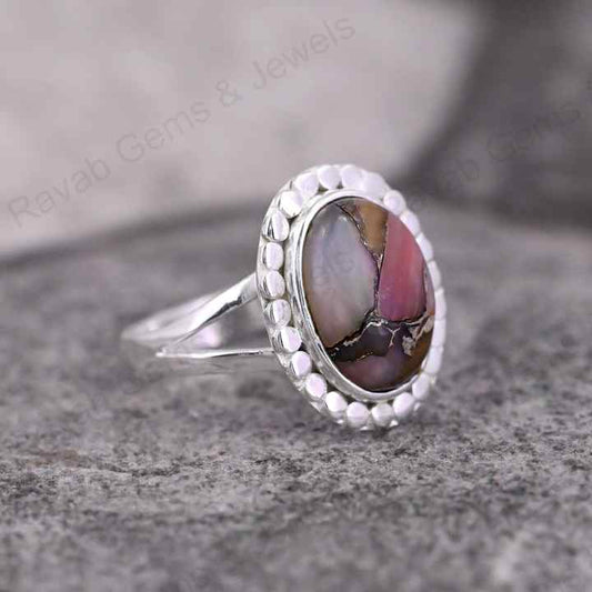 Handmade 925 Silver Designer Bezel Ring Mohave Pink Opal Copper Cabochon Gemstone 10x14mm Solid Rhodium Plated Fine Jewelry