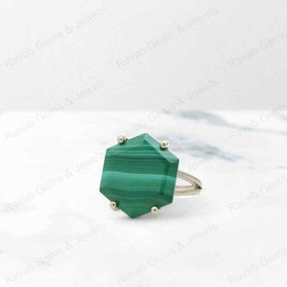 Top Selling 925 Silver Natural 14mm Malachite Hexagon Cut Stone Gold Vermeil Eternity Wedding Band Ring Fine Jewelry for Women